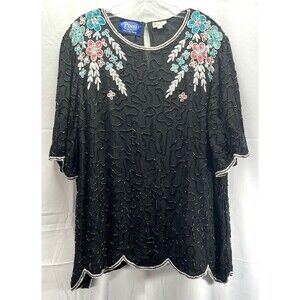 Vintage Black Silk Beaded Blouse Sz XXL